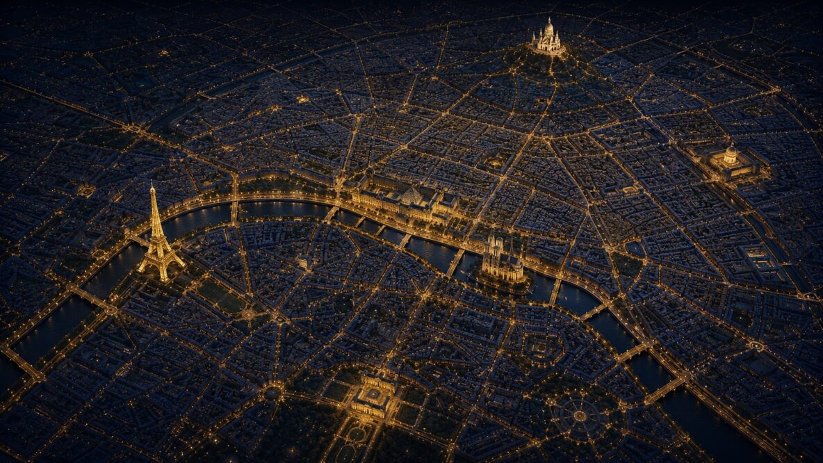 Carte immersive 3D de Paris la nuit avec ses villages repérés