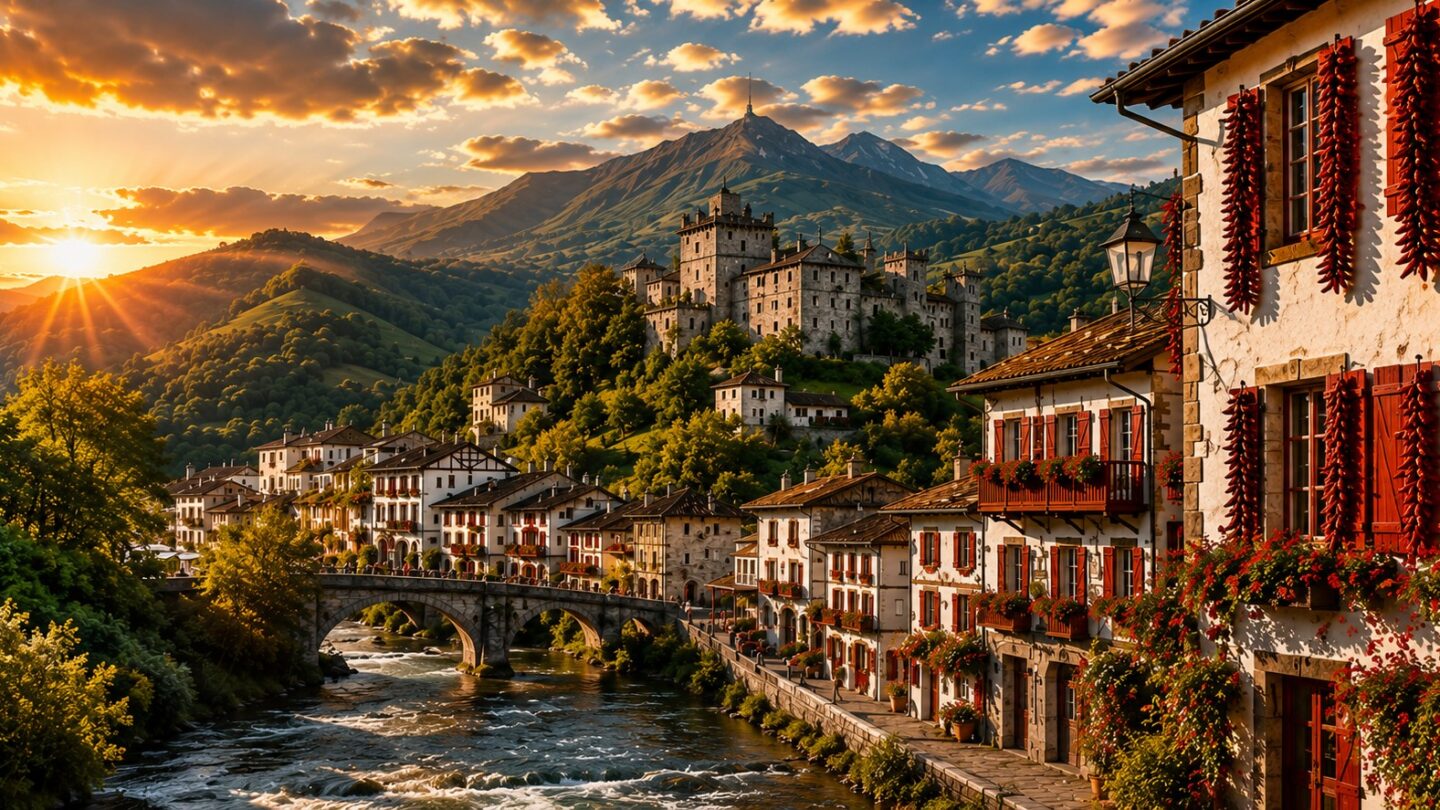 Village basque à volets rouges au coucher du soleil, Pyrénées-Atlantiques