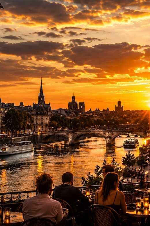 Coucher de soleil sur la Seine et ses ponts, vu d'une terrasse