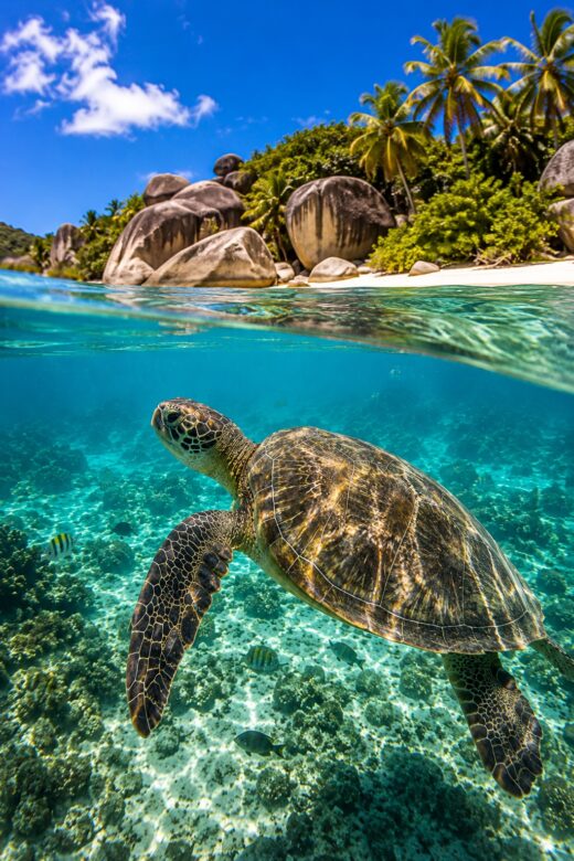Tortue marine nageant dans un lagon turquoise, plage et cocotiers en arrière-plan